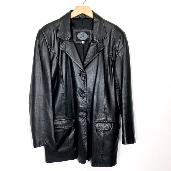 Vintage black leather midi coat single breasted 90s y2k trench blazer jacket - Picture 2 of 10